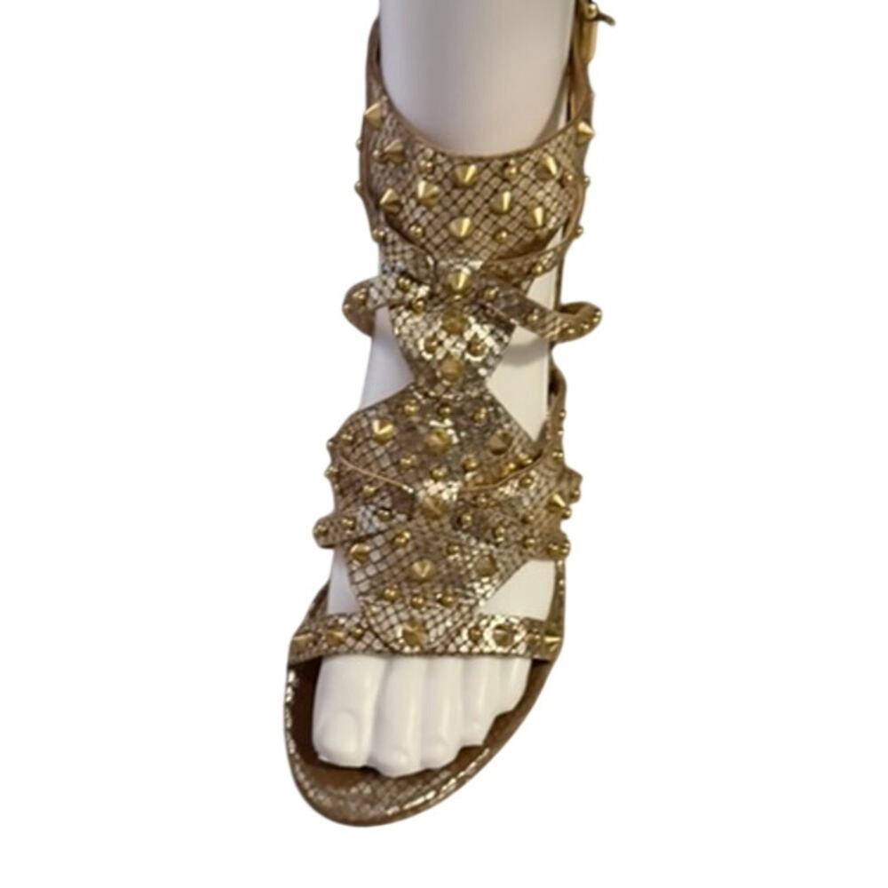 GUESS Gold Studded Strappy Heels Snake Embossed Leather Size 7.5 - Picture 3 of 10